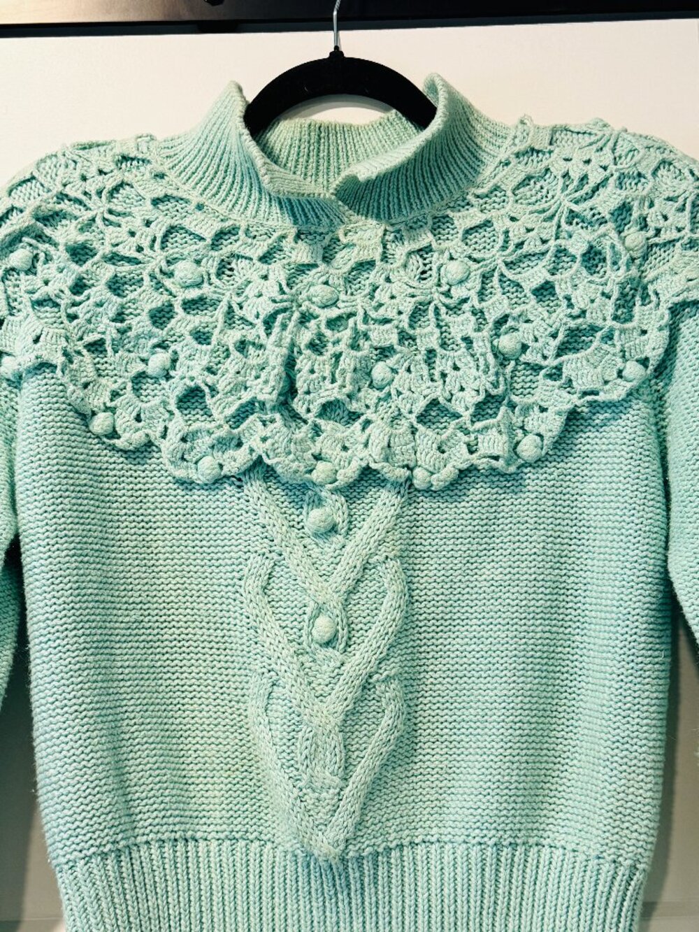 Ninon de Lenclos Vintage 1980s Teal Sweater With Crochet Details